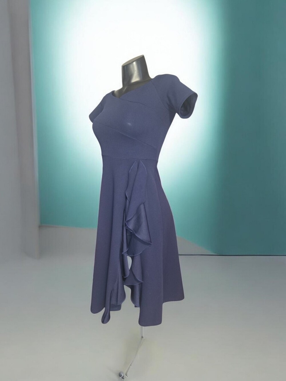 Le Chateau Elegant Navy Blue Fit-and-Flare Dress with Ruffle Detail